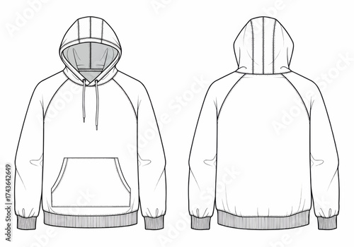 A detailed illustration of a hoodie showcasing both the front and back views