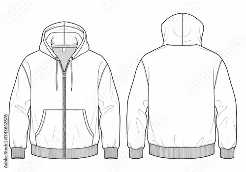 An illustration of a hooded sweatshirt displayed from both the front and back sides