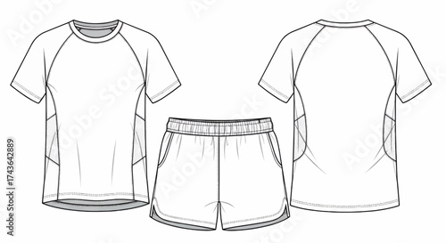 Line drawing of a t-shirt and shorts viewed from front and back on a white background