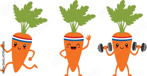 Cartoon carrots fitness workout healthy eating vegetable gym fun
