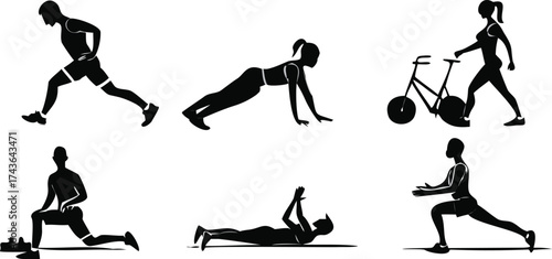 Diverse fitness silhouettes showing workout exercises and healthy lifestyle activities vector