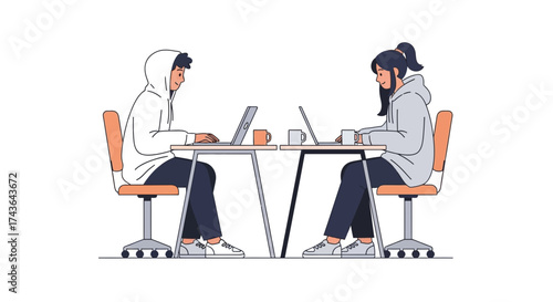 Modern flat illustration showing two young adults, a man and a woman, deeply focused on their laptops, embodying remote work, online education, and digital collaboration