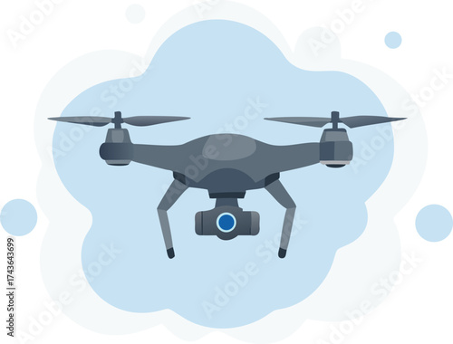 Modern quadcopter drone with camera capturing aerial footage and photography vector