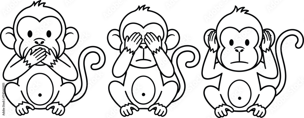 Fototapeta Three wise monkeys hear see speak no evil line art illustration