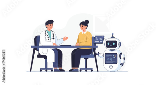 Doctor consulting patient with robot assistant offering healthcare with AI in medical office