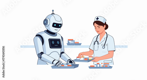 Innovative healthcare collaboration A modern robot assists a dedicated nurse in streamlining the organization and distribution of medical supplies, showcasing efficient AI integration