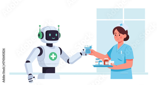 Nurse collaborating with a medical assistance robot to provide efficient patient care in a modern hospital setting, symbolizing the future of healthcare technology integration