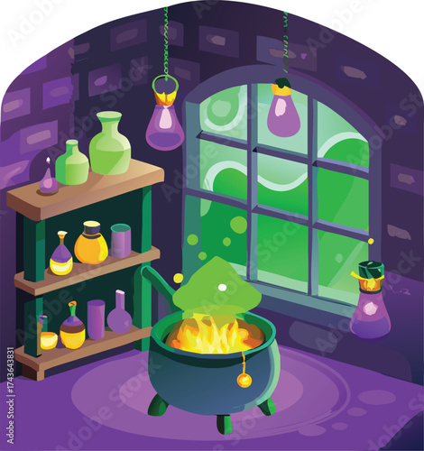 Magical potion brewing scene with cauldron bubbling and vials on shelves vector