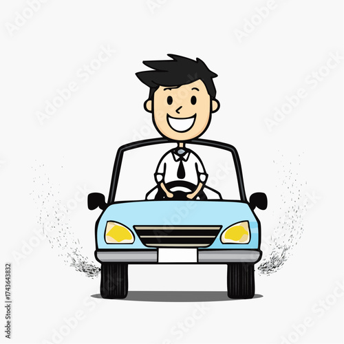 Cartoon illustration of a cheerful young businessman driving a blue car with a big smile on a white background with motion effect.