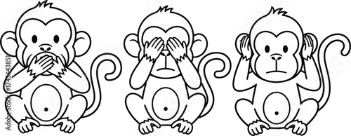 Three wise monkeys hear see speak no evil line art illustration