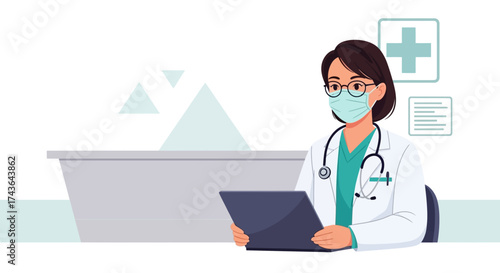 Professional female doctor wearing a mask and stethoscope, holding a tablet for medical consultation and healthcare