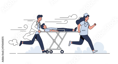 Two medical professionals rush a patient on a stretcher towards an unseen destination, urgency conveyed.