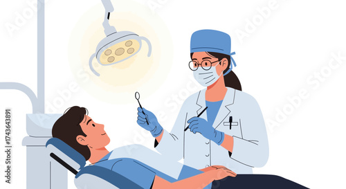 Dentist in protective gear examining a male patient lying in a dental chair under a bright examination light.