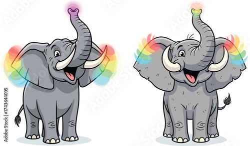 Cartoon elephants with glowing heart shapes and rainbow light effects, colorful animal vector illustration for children, playful fantasy stock art
