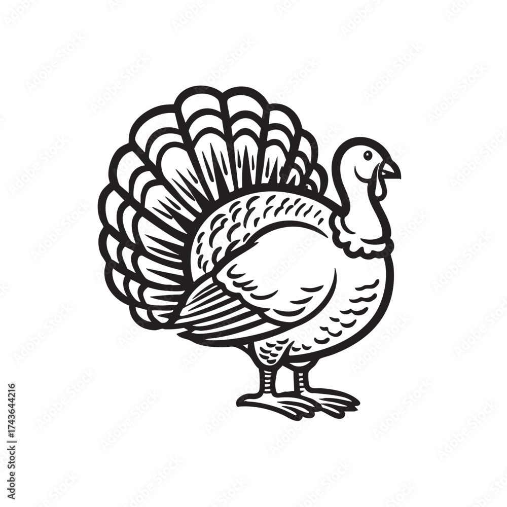 Fototapeta premium Black line drawing of a male turkey with its tail fanned out.