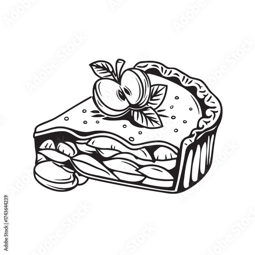 Slice of apple pie topped with a whole apple and leaves.