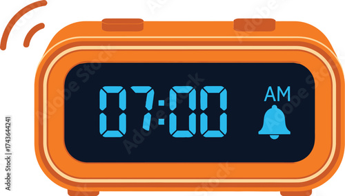 Orange digital alarm clock showing seven am wake up time morning