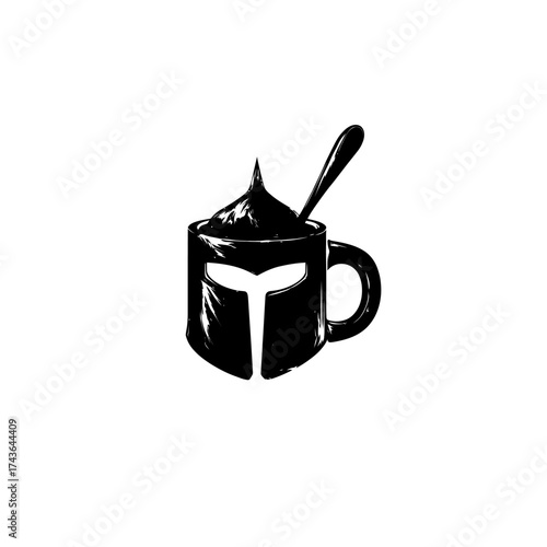 A stylized black and white image features a spartan helmet-shaped mug with spoon