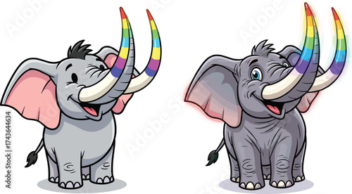 Cartoon elephants with rainbow-striped tusks, colorful animal vector illustration, cheerful wildlife character design for children, playful fantasy stock art content