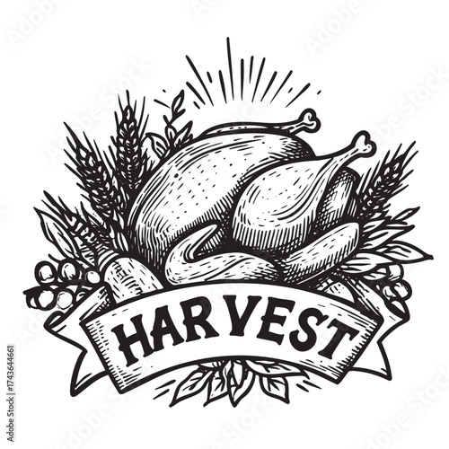  Engraved roast turkey with harvest food and a ribbon.