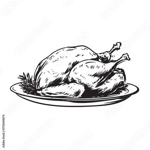  Hand-drawn roast turkey on a platter garnished with herbs.