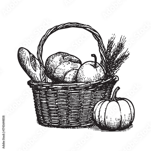 Sketch of a harvest basket with bread, squash, and wheat.