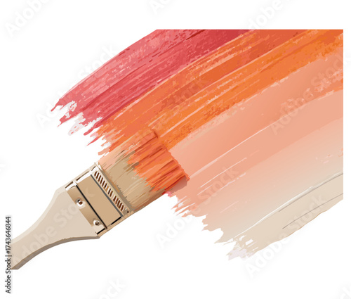 Wooden handle paintbrush with golden ferrule painting gradient strokes in red orange and beige on transparent background for creative templates or digital design projects..