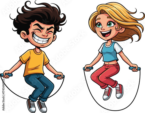 Happy kids jumping rope together outdoors, smiling boy and girl playing skipping game, energetic children enjoying fun exercise activity illustration