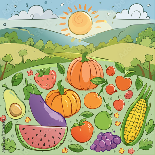 Spring and summer fruit and vegetable element set, vector illustration
