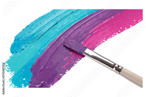 Paintbrush loaded with purple and turquoise paint creating bold colorful strokes on transparent background for cosmetic packaging and promotional graphics and for packaging and label design