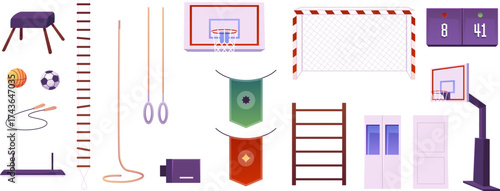 A set of equipment, tools for a school gym, gate, ball, rings, rope, door, horse, scoreboard.