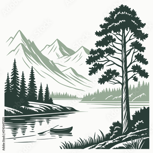 Serene mountain lake landscape with pine tree and rowboat