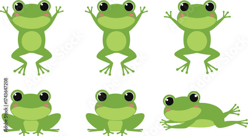 Cartoon frogs in multiple poses, playful green amphibian character illustration for children’s design, nature education, animation, and creative content themes