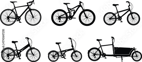 Black silhouette vector illustration, road bicycle, mountain bike, BMX bike, folding bike, kids bicycle, cargo bike, cycling transport, line art