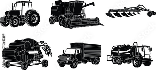 Black silhouette vector illustration, tractor, combine harvester, plow, baler machine, cargo truck, tanker truck, farming vehicle, agriculture equipment, line art