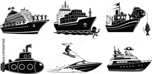 Black silhouette vector illustration, cruise ship, cargo ship, fishing boat, submarine, speedboat, luxury yacht, marine vessel, watercraft transport, line art