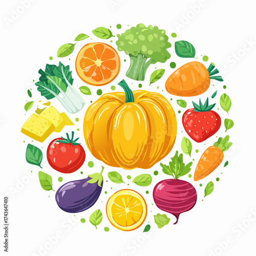 Spring and summer fruit and vegetable element set, vector illustration