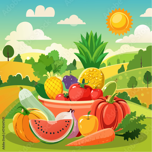 Spring and summer fruit and vegetable element set, vector illustration