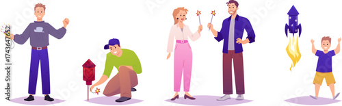 Set of happy characters of different genders and ages, with firecrackers, party poppers, sparklers.