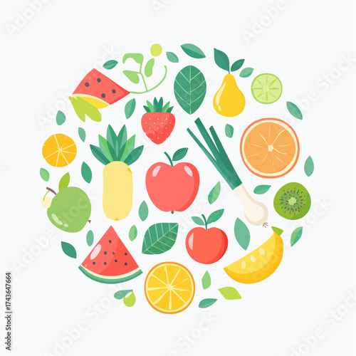 Spring and summer fruit and vegetable element set, vector illustration