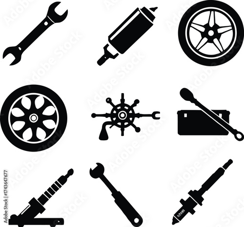 Auto repair tools vector icon set for car service and maintenance garage with wrench wheel and jack design