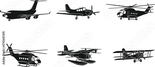 Black silhouette vector illustration, commercial jet, propeller airplane, helicopter, seaplane, biplane, aviation vehicle, flight transport, aircraft clipart, line art