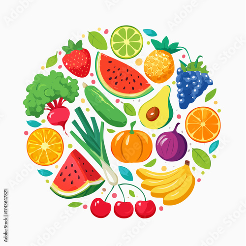 Spring and summer fruit and vegetable element set, vector illustration
