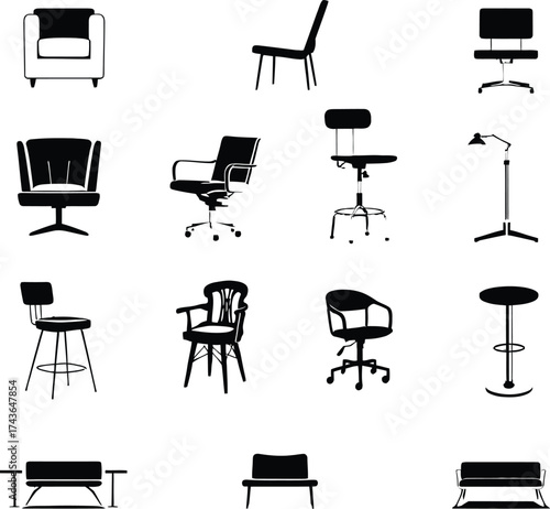 Collection of chair furniture vector icons for interior design and furniture design projects concept 100