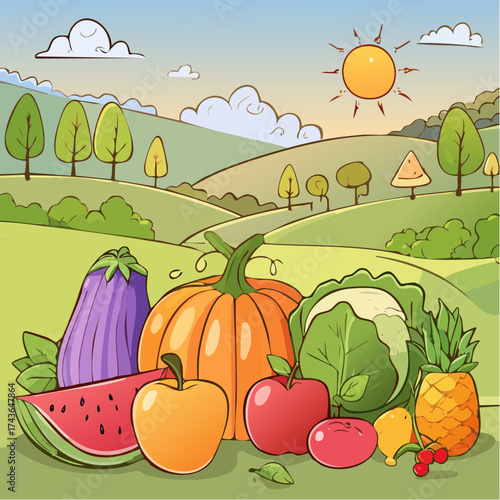 Spring and summer fruit and vegetable element set, vector illustration