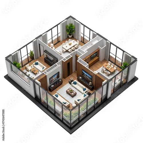 Wallpaper Mural Isometric View Shows 3D Rendering of Modern Apartment Interior Design with Furniture, Plants Torontodigital.ca