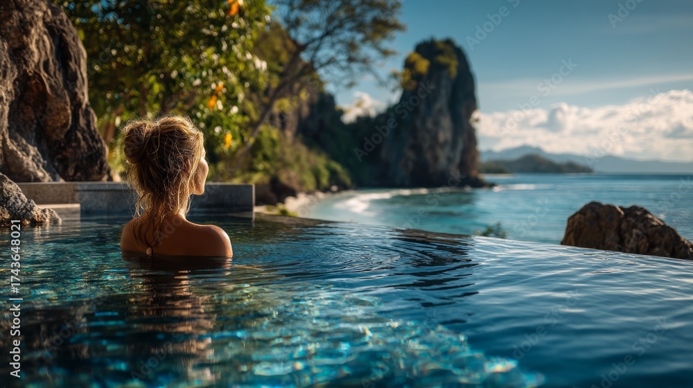 Fototapeta premium Tranquil Poolside Retreat with Scenic Ocean View and Lush Nature Surroundings