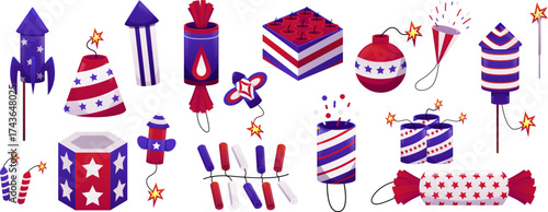 Set of firecrackers of different shapes, colors and symbols of the American flag.