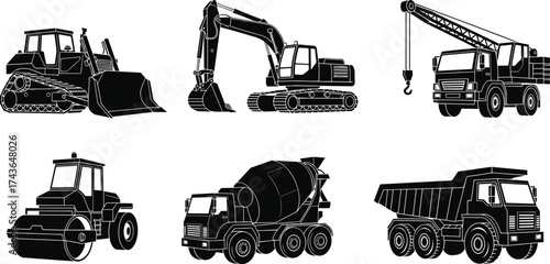 Black silhouette vector illustration, bulldozer, excavator, mobile crane, road roller, concrete mixer truck, dump truck, construction vehicle, heavy equipment, line art
