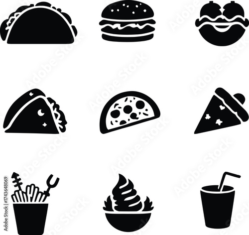 Black and white fast food icons set vector illustration of burger taco pizza fries and drink collection